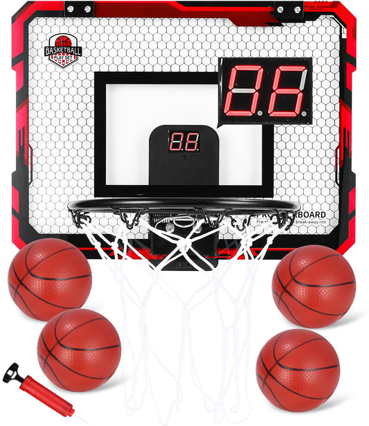 Indoor basketball hoop for kids. Wall-mounted in-room basketball hoop with electronic scoreboard, 4 balls, and air pump. Basketball hoop set for boys' sport toy, for outdoor and indoor use.