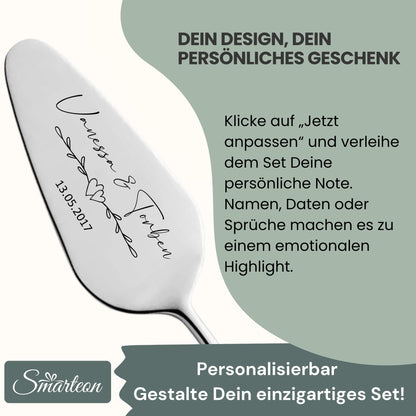 SMARTEON cake lifter including cake knife in set with personal engraving as a gift for wedding, anniversary, birthday - Wedding gifts for couples - Silver-colored set in gift box