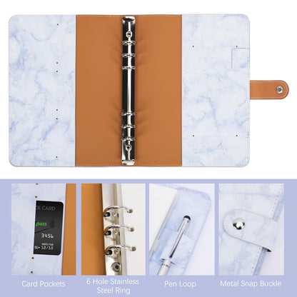 Skycase A5 refillable ring binder, 6-hole loose leaf binder, PU leather notebook folder portfolio with filler paper, binder pockets & paper sheets (Blue)