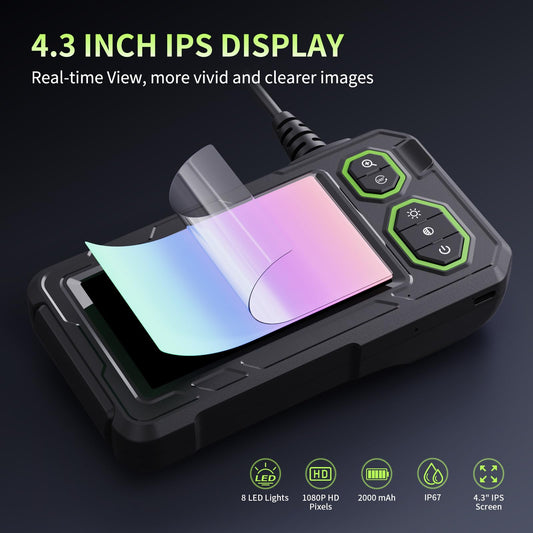 Dual Lens Endoscope Camera 10M, Hopefox 1080P HD Digital Endoscope with 4.3-inch IPS Screen, IP67 Waterproof Tube Camera with 8+1 adjustable LEDs, 8mm Snake Camera Inspection Camera