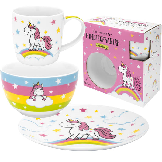 Greetings & Co. dinnerware set with unicorn design | Gift set with 1 mug, 1 plate, and 1 bowl, porcelain | Gift, start of school, kindergarten, children's birthday | 48842