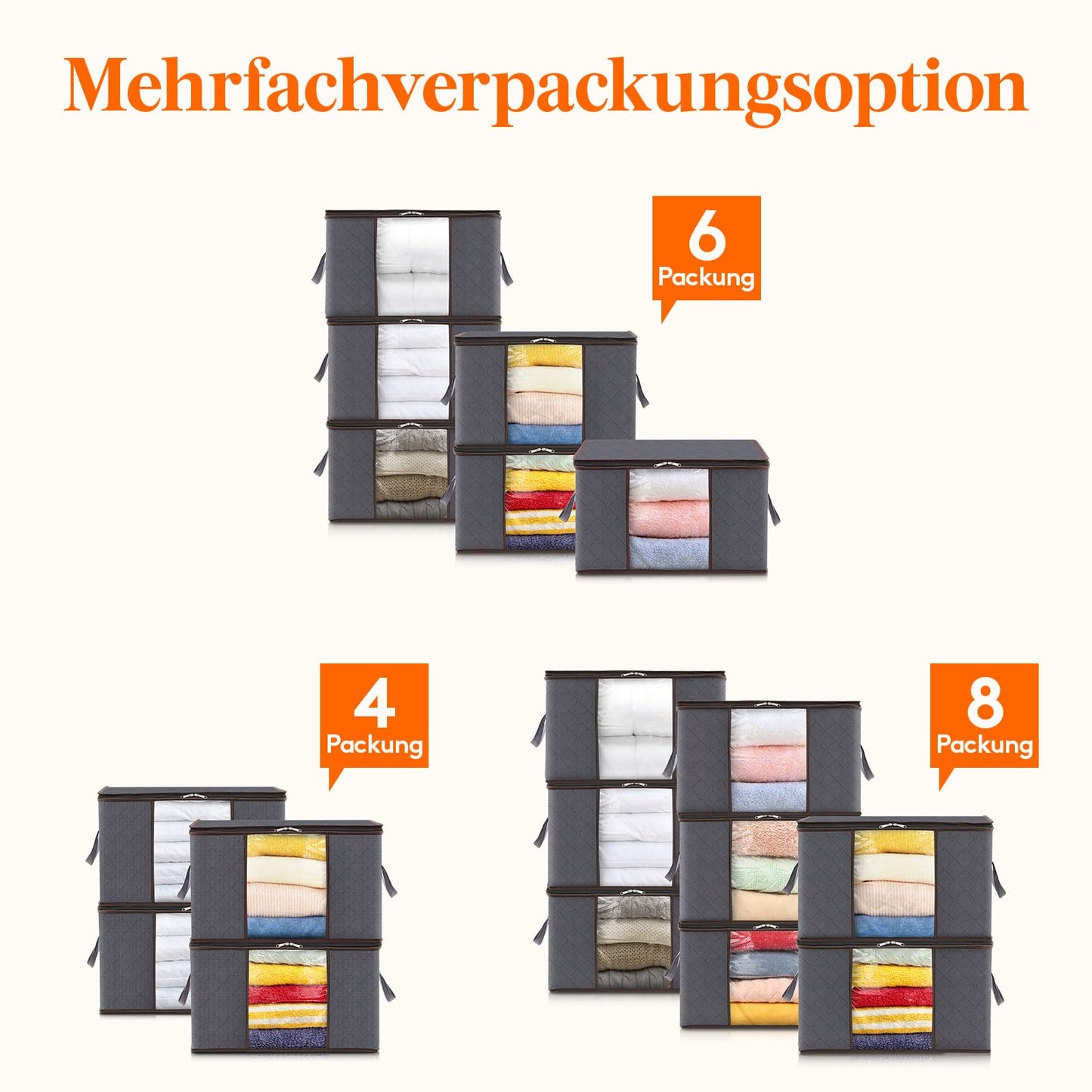 Lifewit 8 Pack Large Storage Box with Lid, Storage Bag for Quilts Clothing Storage Wardrobe Organizer, Foldable Moving Boxes for Blankets Clothes, Gray