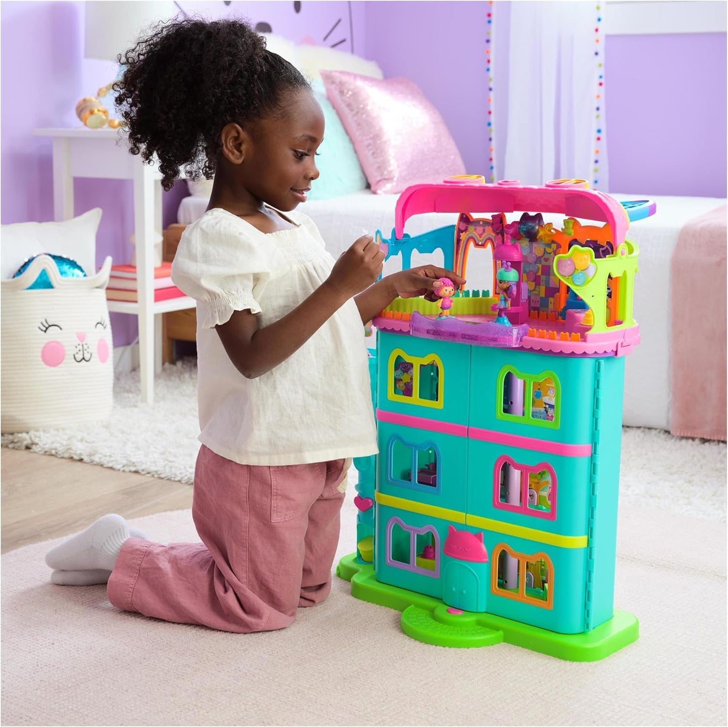 Gabby's Dollhouse, Party Room Playset, Skate Park Attic Room with Gabby and Marty figure, furniture, and accessories, for ages 3 and up.