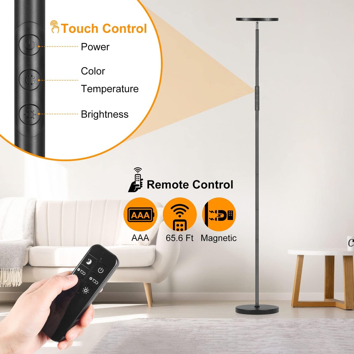 LED floor lamp living room dimmable, 36W 3600LM torchiere with remote control & touch control, 1-minute installation, eye-friendly modern floor lamp for living room, office, dining room, bedroom (Black)