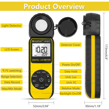 Digital light meter HoldPeak 881D 0.01~400,000 Lux, Lux meter 270° rotatable probe with data storage, Lux light meter for plants/LED lights/digital photography.