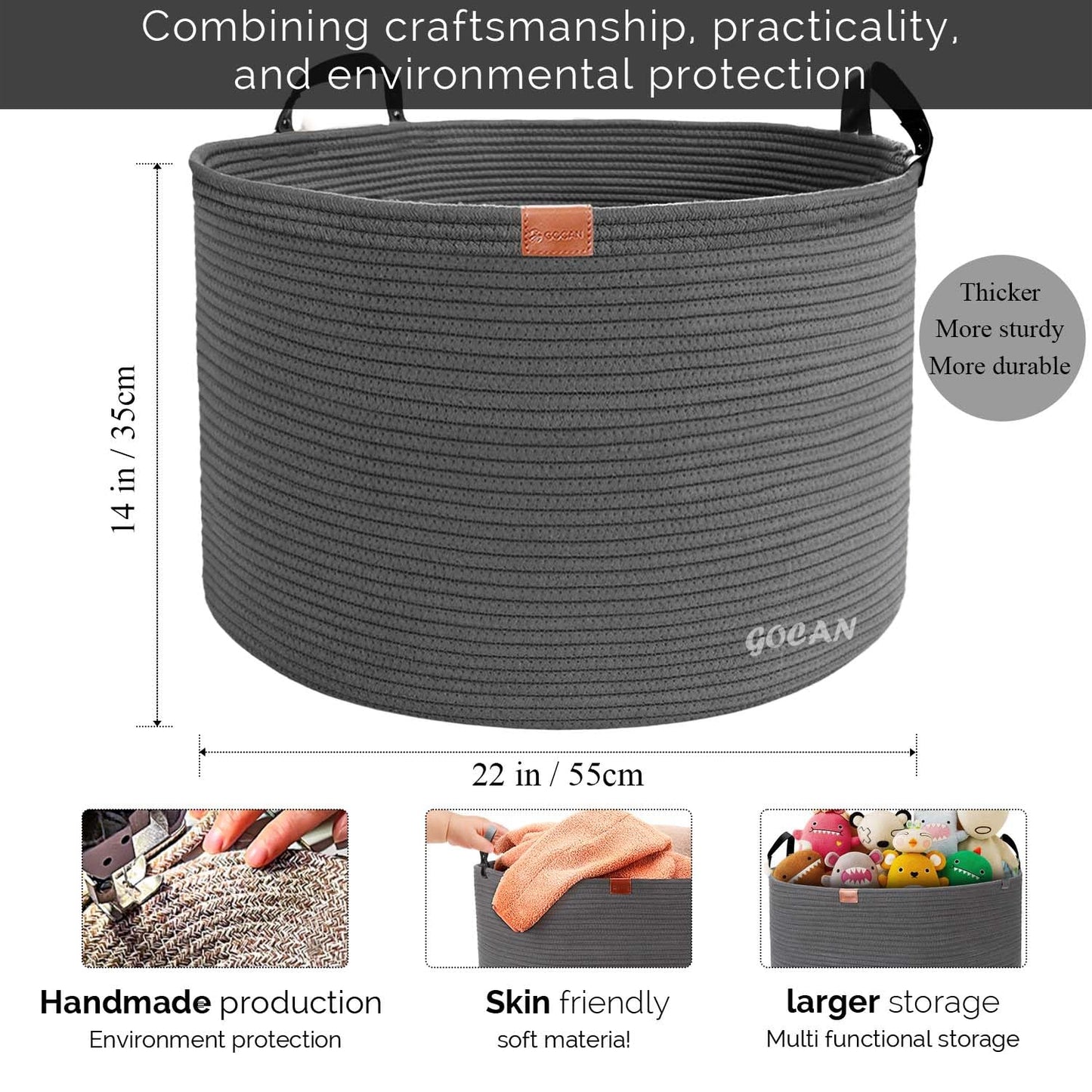 GOCAN XXXL Storage Basket Large Cotton Rope Laundry Hamper for Blankets Pillows in Living Room Clothes Toys in Kids Room, matte gray D55 X H35cm