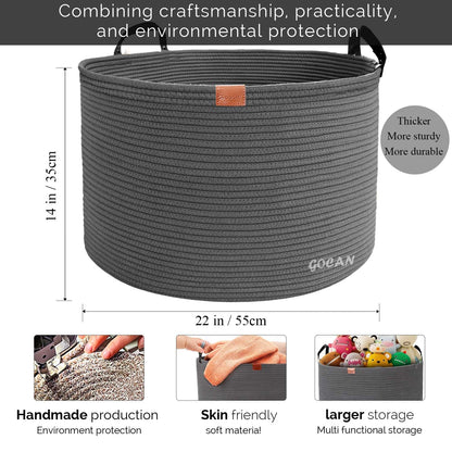 GOCAN XXXL Storage Basket Large Cotton Rope Laundry Hamper for Blankets Pillows in Living Room Clothes Toys in Kids Room, matte gray D55 X H35cm