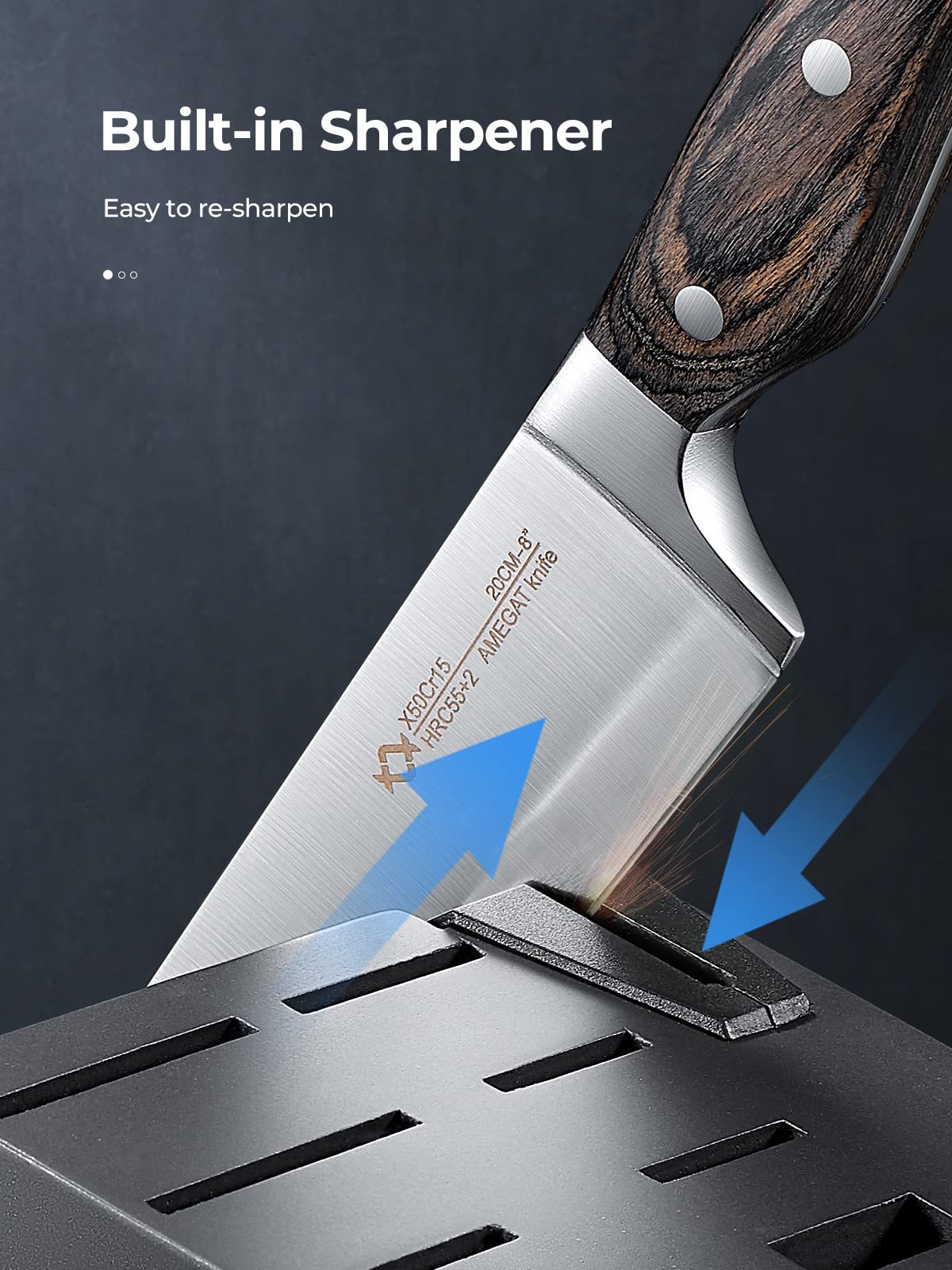 AMEGAT 15-piece knife block set with self-sharpening knife block and carving fork, wooden handle in full tang design and 3-rivet design. High-quality stainless steel chef's knife set with wooden block.
