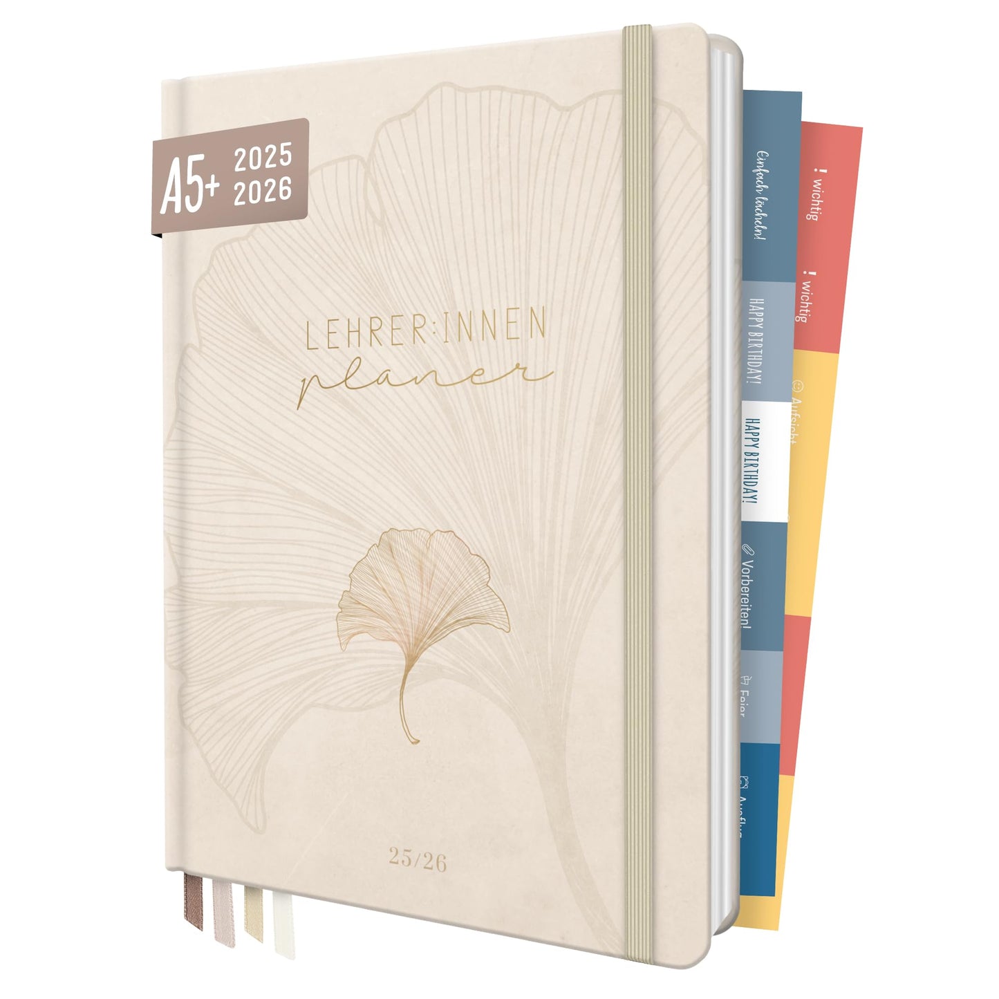 Häfft® Teacher Planner 2025/2026 A5 + "Beige Ginkgo" Hardcover Teacher Calendar/School Year Planner with 236 pages, stickers, and more - sustainable & climate-friendly.