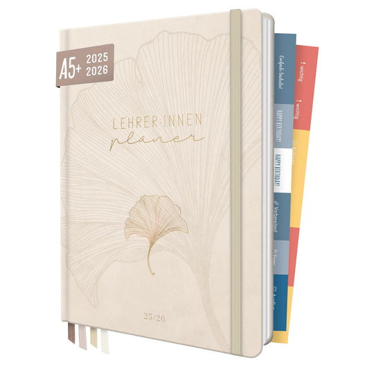 Häfft® Teacher Planner 2025/2026 A5 + "Beige Ginkgo" Hardcover Teacher Calendar/School Year Planner with 236 pages, stickers, and more - sustainable & climate-friendly.