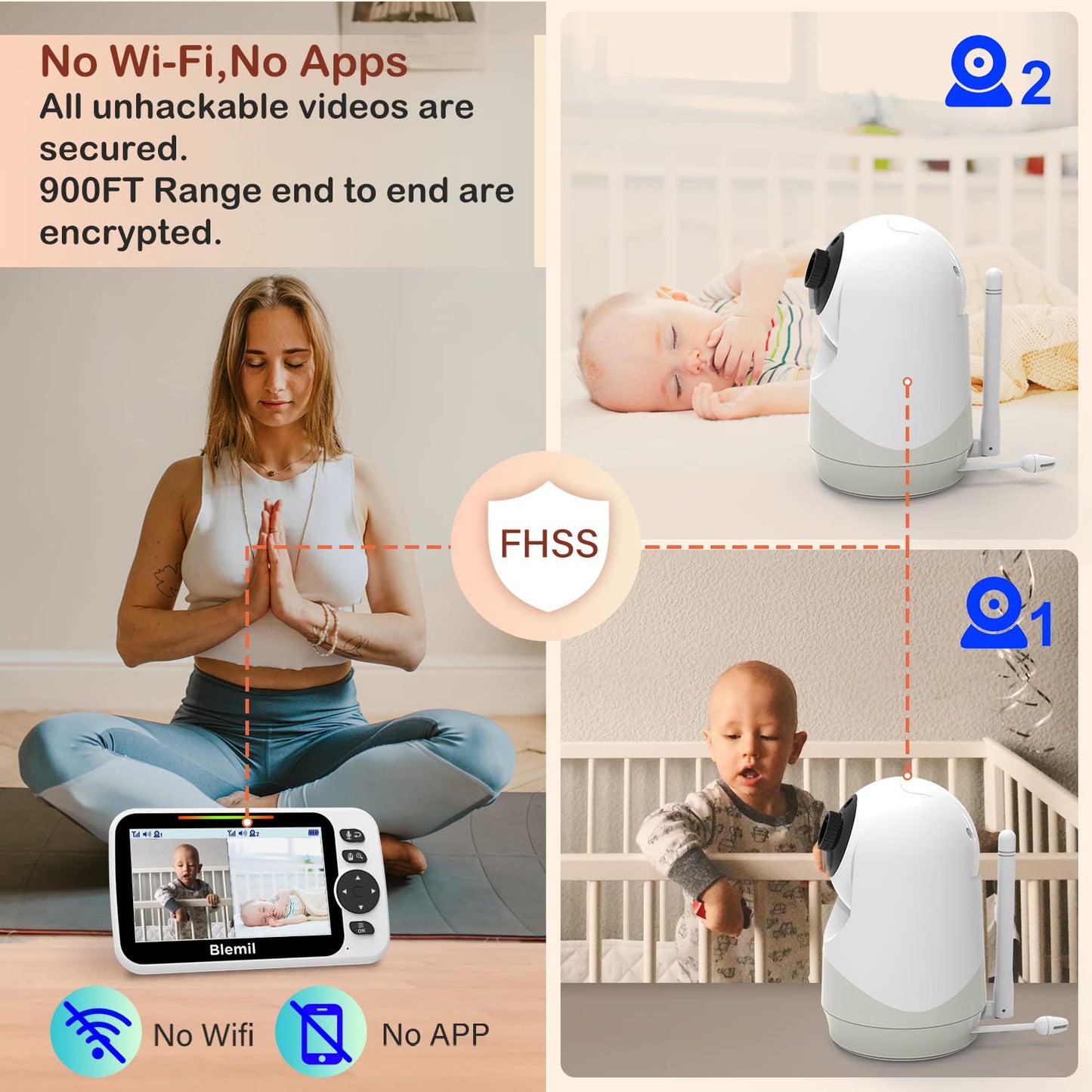 Baby monitor with 2 cameras and audio, 30-hour battery, 5" large split-screen video baby monitor with 2 cameras and audio, remote pan/tilt/zoom, two-way talk, room temperature, auto night vision.