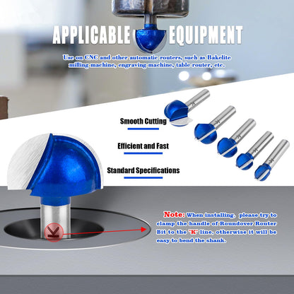ASNOMY 5 Pieces Carbide Core Box Router Bits Set, 8mm Shank, Round Nose Ball Cutter Woodworking Router - 12mm/16mm/19mm/22mm/25.4mm