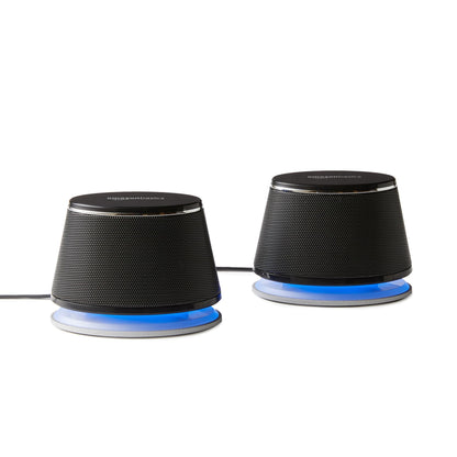 Amazon Basics Stereo 2.0 speakers for PC or laptop, 3.5mm AUX input, USB powered, 1 Pair, Black.