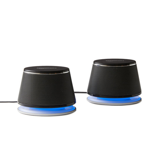 Amazon Basics Stereo 2.0 speakers for PC or laptop, 3.5mm AUX input, USB powered, 1 Pair, Black.