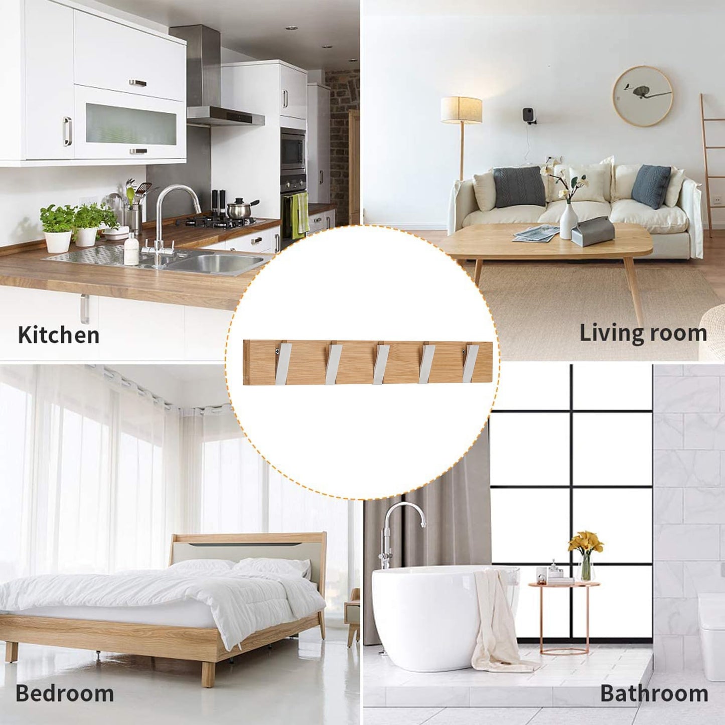 QILICZ 2-pack coat hooks - wall coat rack with 5 folding hooks made of bamboo. Ideal for coats, hats, scarves, keys, and towels. Foldable design for compact storage.