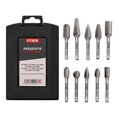 BULL Carbide Burrs Set 10 pcs, 6mm shank diameter, burr shapes: cylinder plain end, ball nose, oval, drop, pointed arch, high cutting speed 840 m/min.