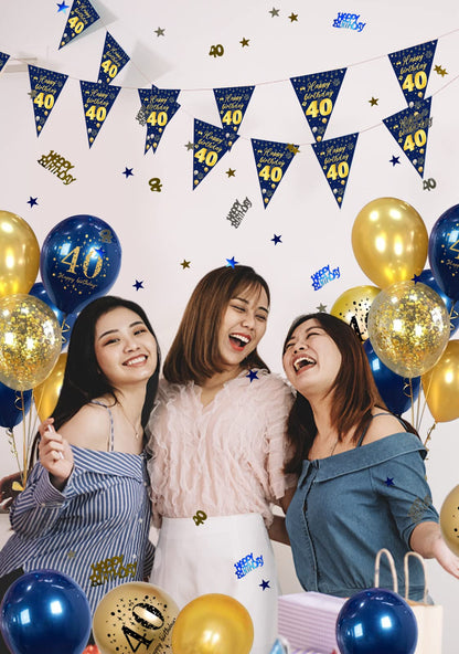 40th Birthday Decorations Banner & Garland - Blue-Gold, Balloons & Confetti