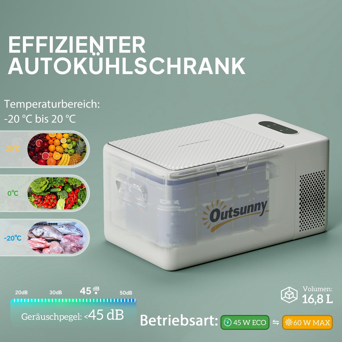 Outsunny 16.8 Liter Electric Compressor Cooler Box Mini Fridge up to -20°C with LED Mode Connection Cooling Function Quiet Freezer Box Thermobox 12/230 Volt for Car Truck, Boat Travel Cream White