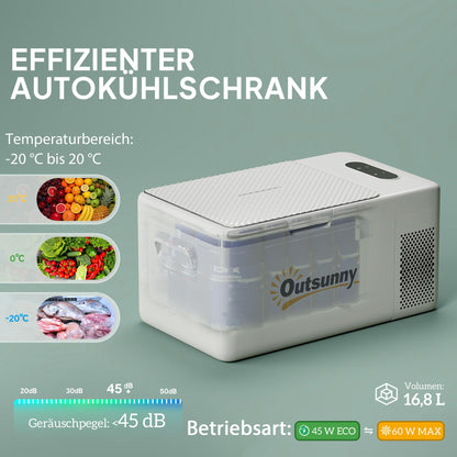 Outsunny 16.8 Liter Electric Compressor Cooler Box Mini Fridge up to -20°C with LED Mode Connection Cooling Function Quiet Freezer Box Thermobox 12/230 Volt for Car Truck, Boat Travel Cream White