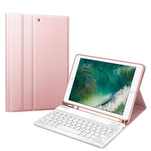 FINTIE Keyboard Case for iPad 9.7 2018 (6th Gen), Soft TPU Back Cover Keyboard Case with built-in Pencil Holder, Magnetic Detachable QWERTZ Bluetooth Keyboard, Rose Gold