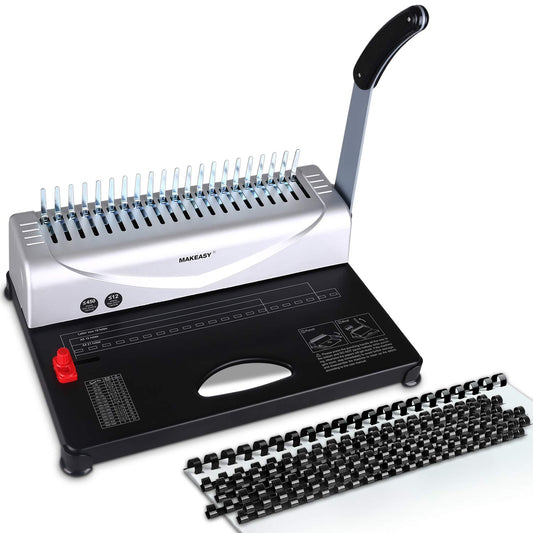 MAKEASY Binding Machine, 21 holes, binds 450 sheets, 12 sheet punching capacity, with starter kit of 100 pieces PVC binding spines, perfect for daily office documents.