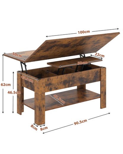 Height-adjustable coffee table, 3-in-1 multifunctional living room table with hidden storage, open shelf, and can be used as a dining table. Perfect for living room, office, in brown color.