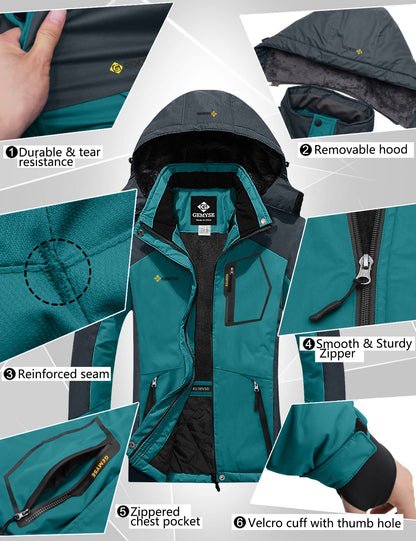 GEMYSE Women's Ski Jacket Waterproof Windproof Rain Jacket Hiking Jacket Hardshell Jacket with Hood for Winter (Acid Blue Gray, S)