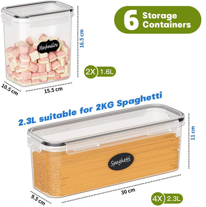 Without Set of 6 airtight storage containers, kitchen storage box with plastic lids, 2.3L spaghetti storage pasta container for noodles cereal cornflakes (2.3L 1.6L)