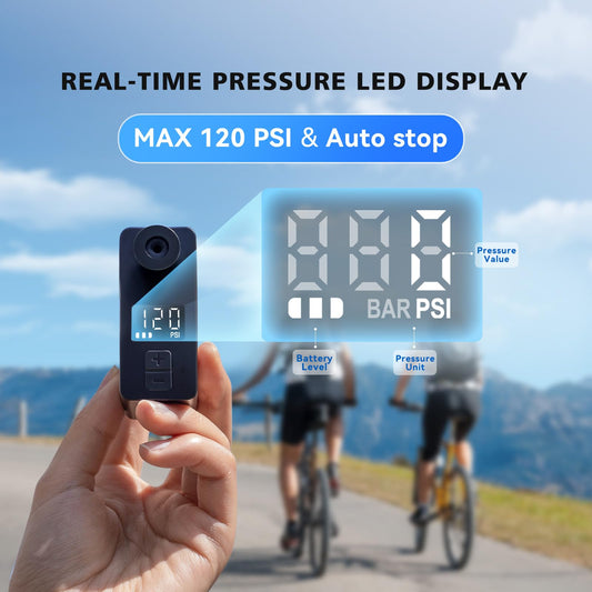 AIRBANK Electric Bike Pump Pocket PRO, 120PSI Mini Bike Inflator, cordless bike pump with rechargeable battery for Shrader and Presta valves.