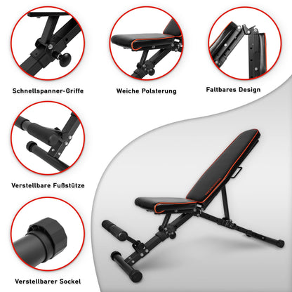 Professional dumbbell | Foldable Deluxe Dumbbell Bench | Space-saving & quick to fold | 21-level adjustable incline bench | Extremely durable with 550 kg weight capacity | With leg rest | Foldable and stable training bench