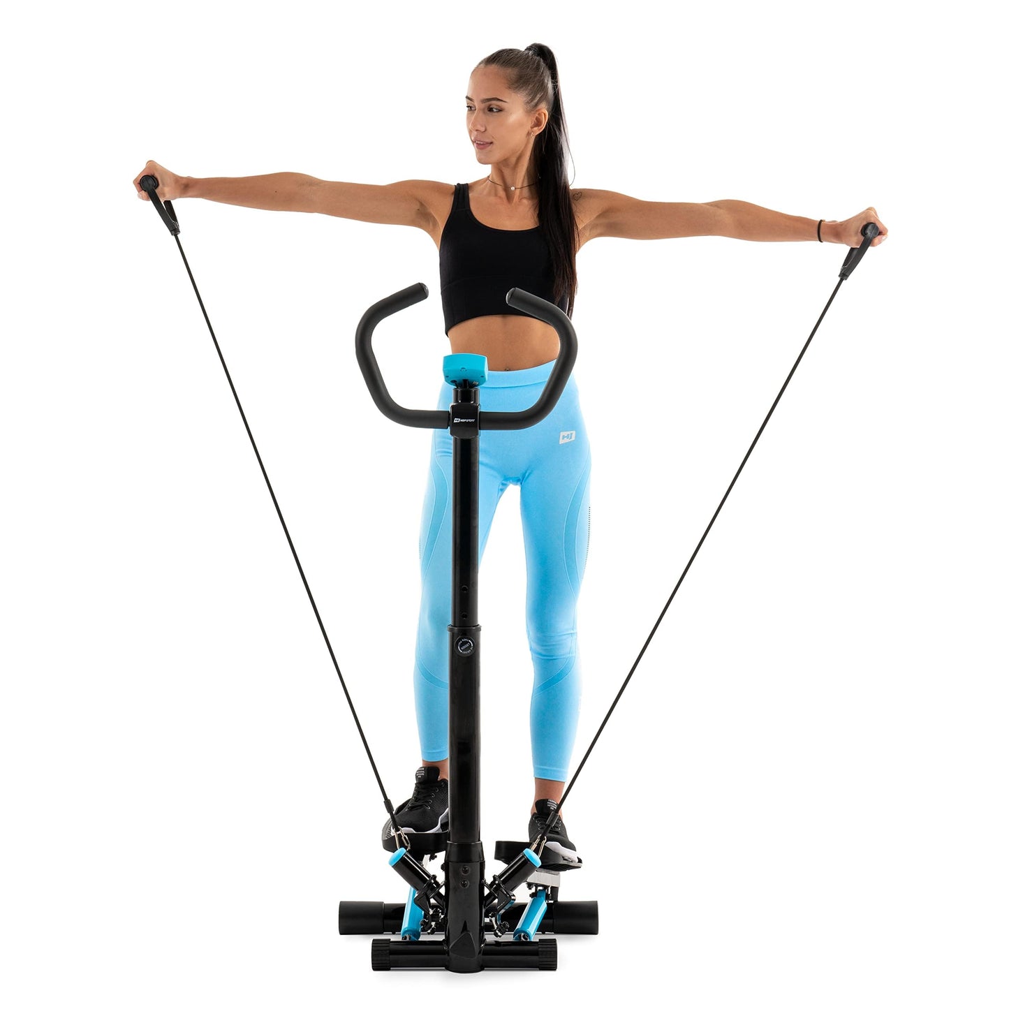 Hop-Sport stepper noble blue with handlebar, training computer & expanders for home, stable & compact, ideal for fitness & cardio workouts, max. user weight 100 kg.