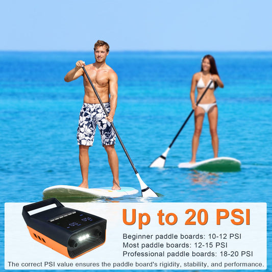 Mojimdo Electric SUP Pump Battery, 20PSI Rechargeable Air Pump, Power Bank and Emergency Light, Auto-Off, 12V DC & Type-C, with 6 Nozzles, for Stand Up Paddle Boards, Kayaks, Tents, Mattresses.