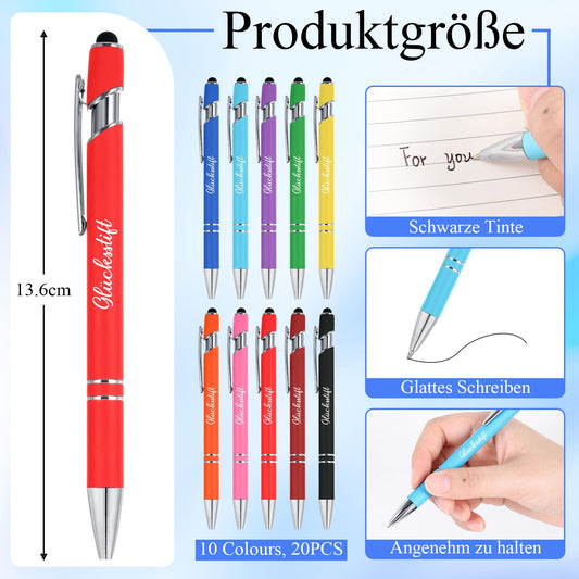 Tenare 20pc Lucky Pen Black Ink Ballpoint Pens with Touchpen Inspirational Printed Ballpoint Pens for Exam High School Encouragement Recovery Colleagues Families (Vibrant Colors)
