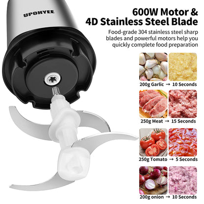 600W 2L stainless steel bowl food processor with 2 speed settings. Electric kitchen chopper with 4 blades for vegetables and garlic.