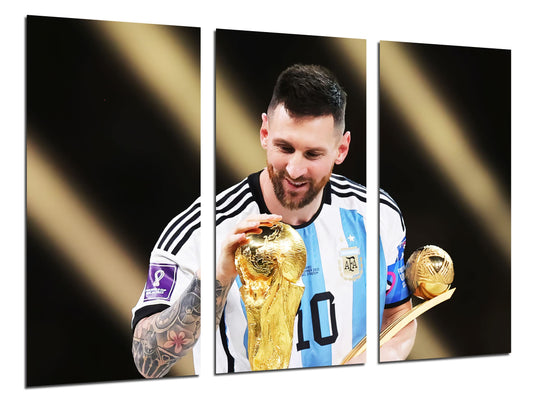 DKORARTE Modern photo canvas, soccer, World Cup, Lionel Messi, gold ball, 97 x 62 cm, Ref. 27402.