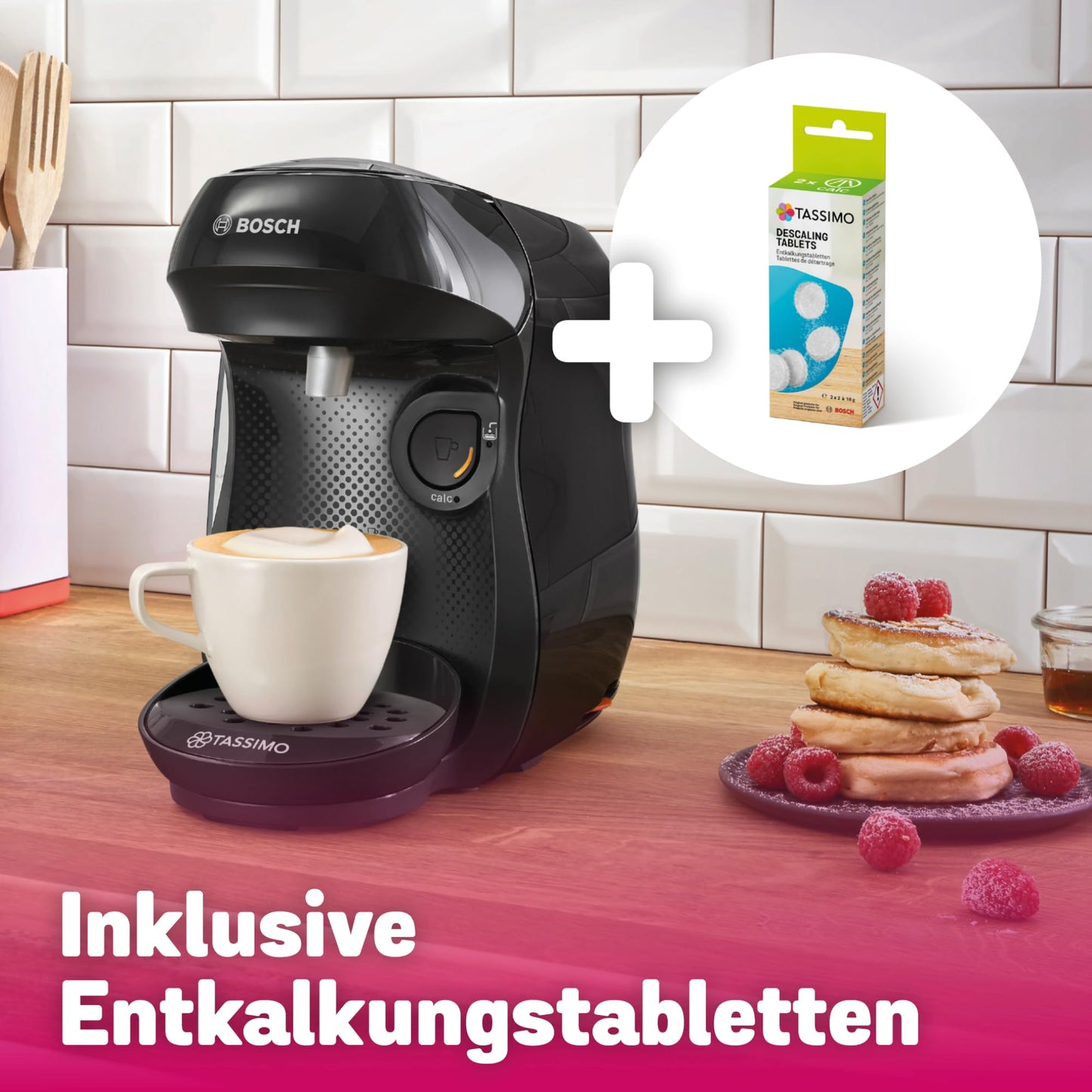 Bosch Tassimo happy friendly capsule machine TAS102EA, over 70 drinks, suitable for all cup sizes, auto-off function, sustainable, includes descaling tablets, compact design, 1400 W, black