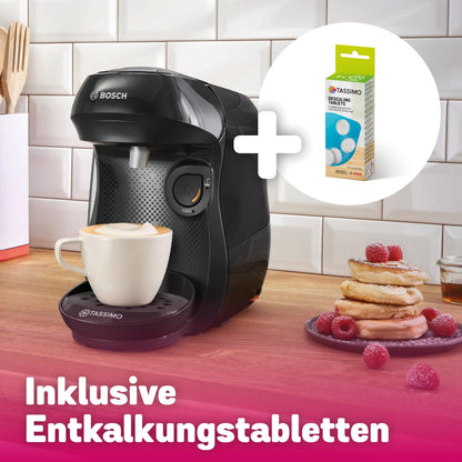 Bosch Tassimo happy friendly capsule machine TAS102EA, over 70 drinks, suitable for all cup sizes, auto-off function, sustainable, includes descaling tablets, compact design, 1400 W, black