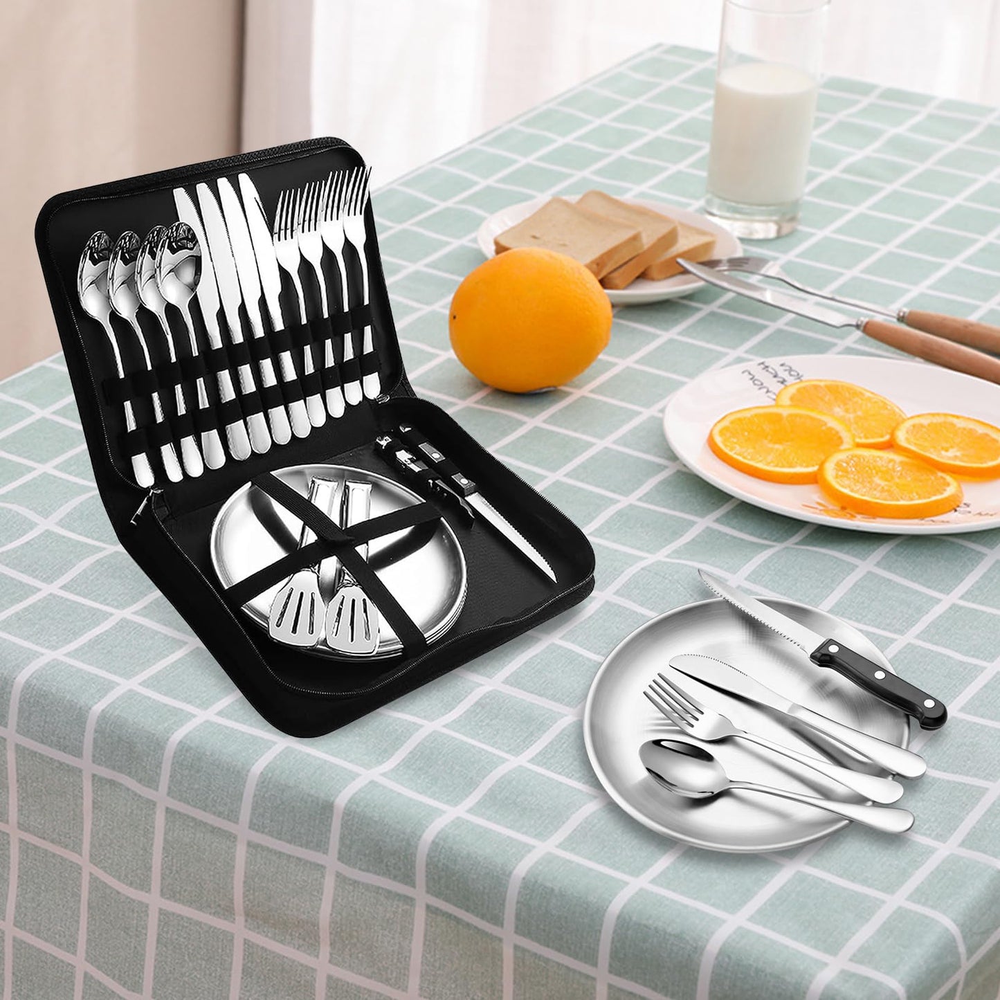 Camping cutlery set for 4 people - Stainless steel camping tableware set for outdoor, picnic and travel - with stainless steel knife, fork, spoon and plate, Portable cutlery including cutlery bag.
