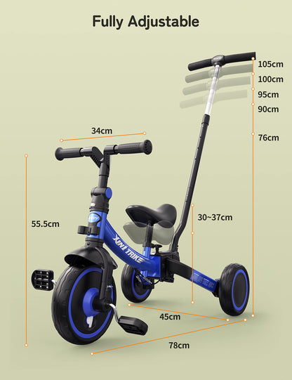 Besrey 7 in 1 toddler tricycle with steering push handle for 1-5 years, foldable wheels, toddler bike with wheel coupling, larger wheels, removable pedals, adjustable seat height, Blue