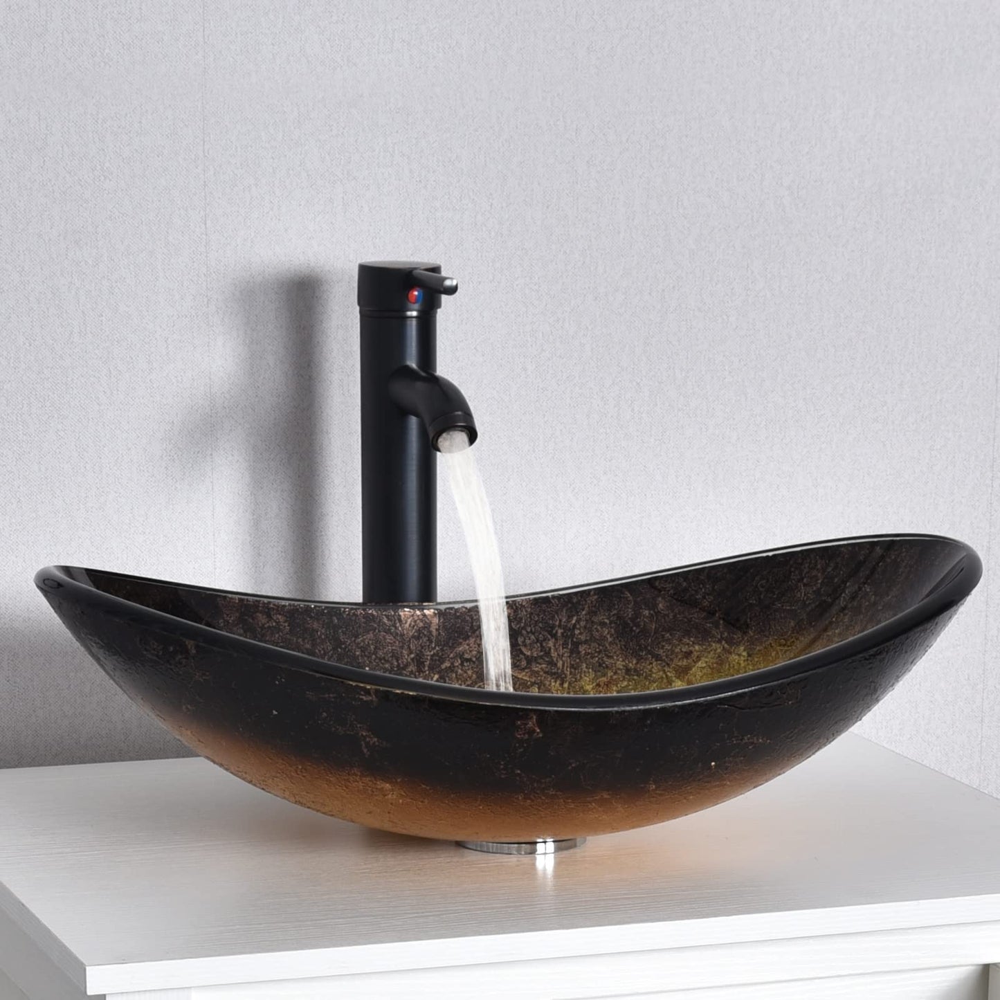ARTETHYS glass basin, oval hand wash bowl with faucet set, countertop basin for bathroom guest WC, modern gold.