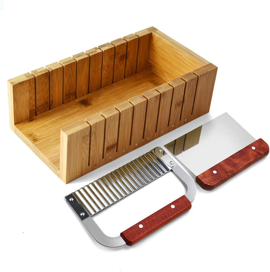 POFET Soap Cutter Set, wooden soap making mold tool, bread cutter, bar cutter with a straight and a wavy stainless steel blade