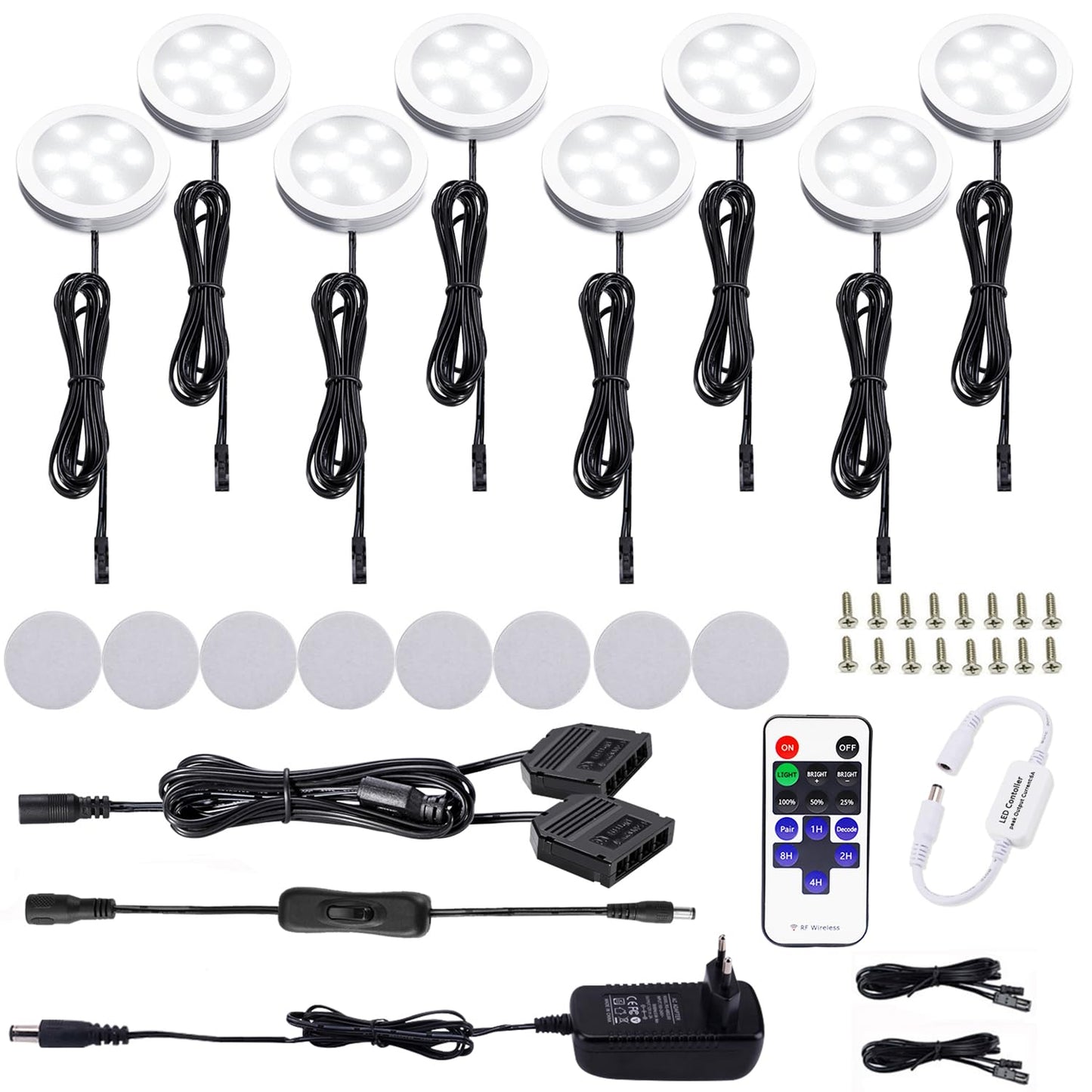 AIBOO LED Cabinet Lights 8pcs Complete Set, Under Cabinet Lighting with Remote Control, Kitchen Lamps, Display Cabinet Lighting Daylight White 6000K, LED Under Cabinet Light Set Including all Accessories