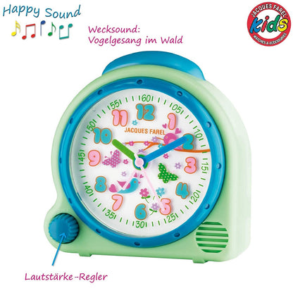 JACQUES FAREL HappySound Children's Alarm Clock Sound Alarm Light Green Mint with Melody Birdsong in the Forest, Volume Control Analog Quartz Light AVC 16FOREST