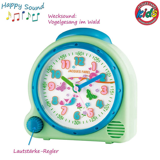 JACQUES FAREL HappySound Children's Alarm Clock Sound Alarm Light Green Mint with Melody Birdsong in the Forest, Volume Control Analog Quartz Light AVC 16FOREST
