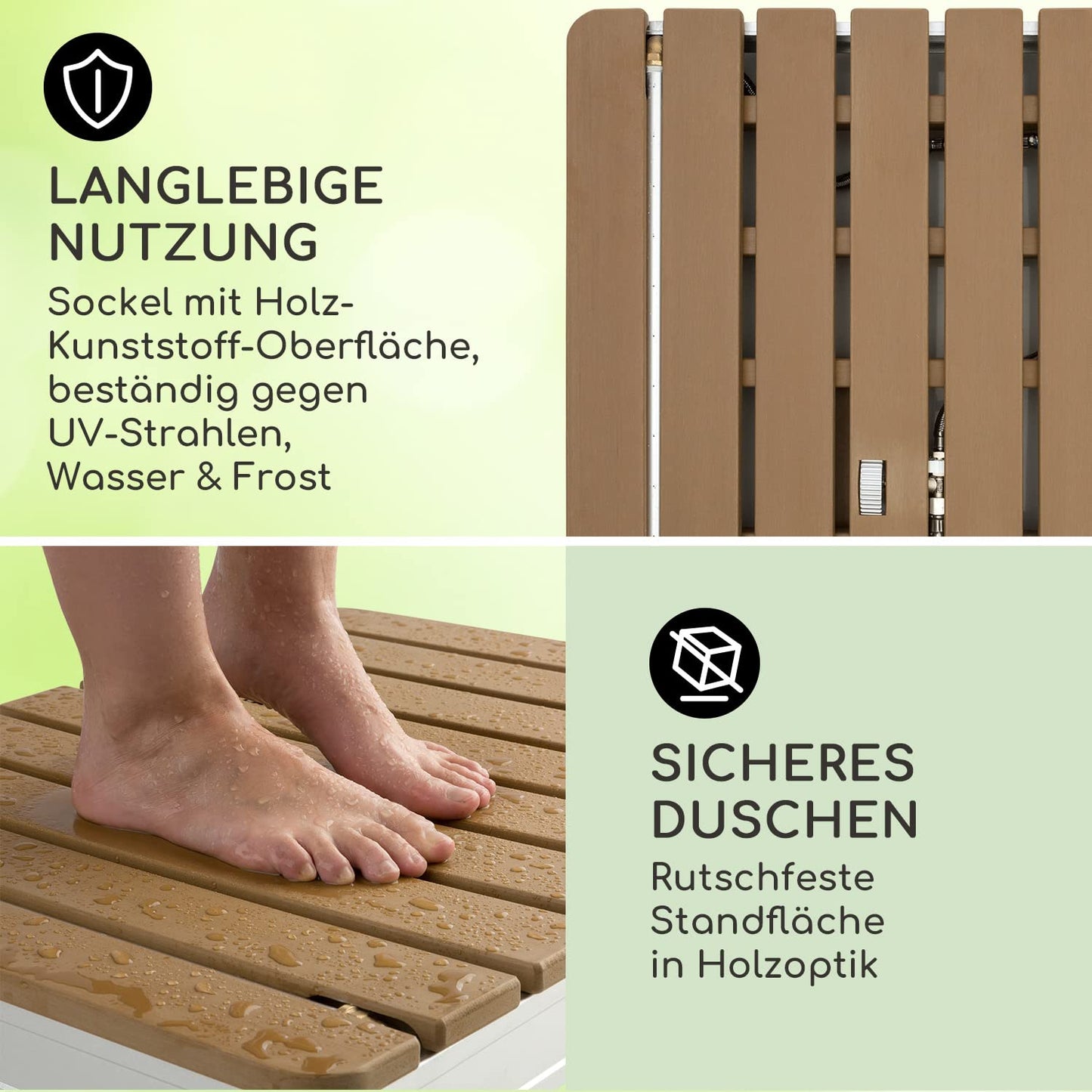 Blumfeldt Mobile Garden Shower, outdoor shower for the garden, floor shower with 4m fountain height, floor garden shower with wood look for pool & sauna, outdoor shower waterproof, frost- & UV-resistant.