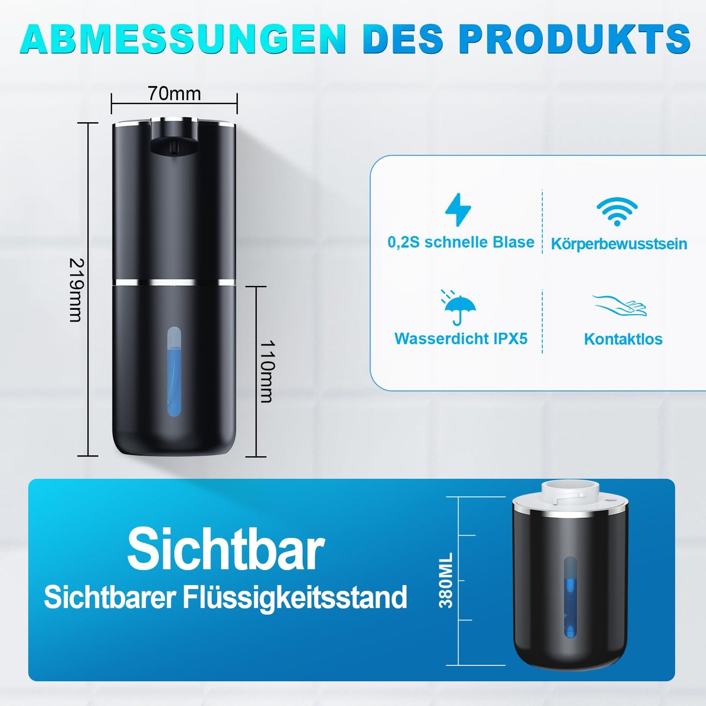 Amyzavls automatic soap dispenser, 380ml wall-mounted touchless electric soap dispenser with sensor, USB rechargeable foam soap dispenser for bathroom, kitchen, office in black.