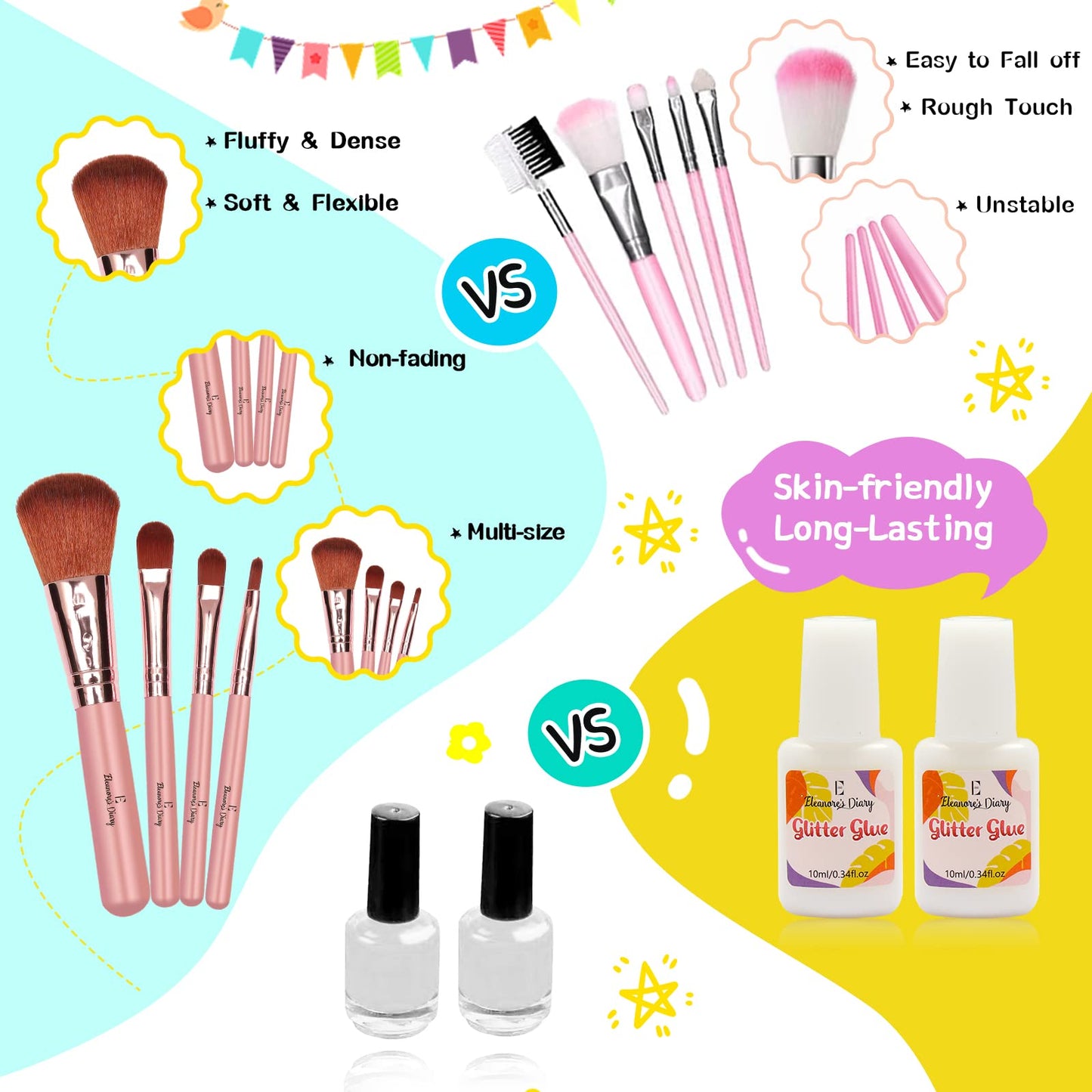 Glitter Tattoo Set for Girls, Eleanore's Diary 31 Biodegradable Glitter, Temporary Tattoo Kit, Kids Glitter Tattoos Set, 165 Stencils, 4 Brushes, 2 Glues, Gift for Girls 3+
