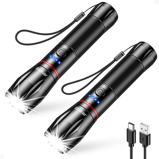 Blukar rechargeable LED flashlight, 2 pieces 2000 lumens super bright zoomable flashlights with 5 light modes & long runtime, IPX6 waterproof handheld lamp for camping, hiking, fishing, emergencies.