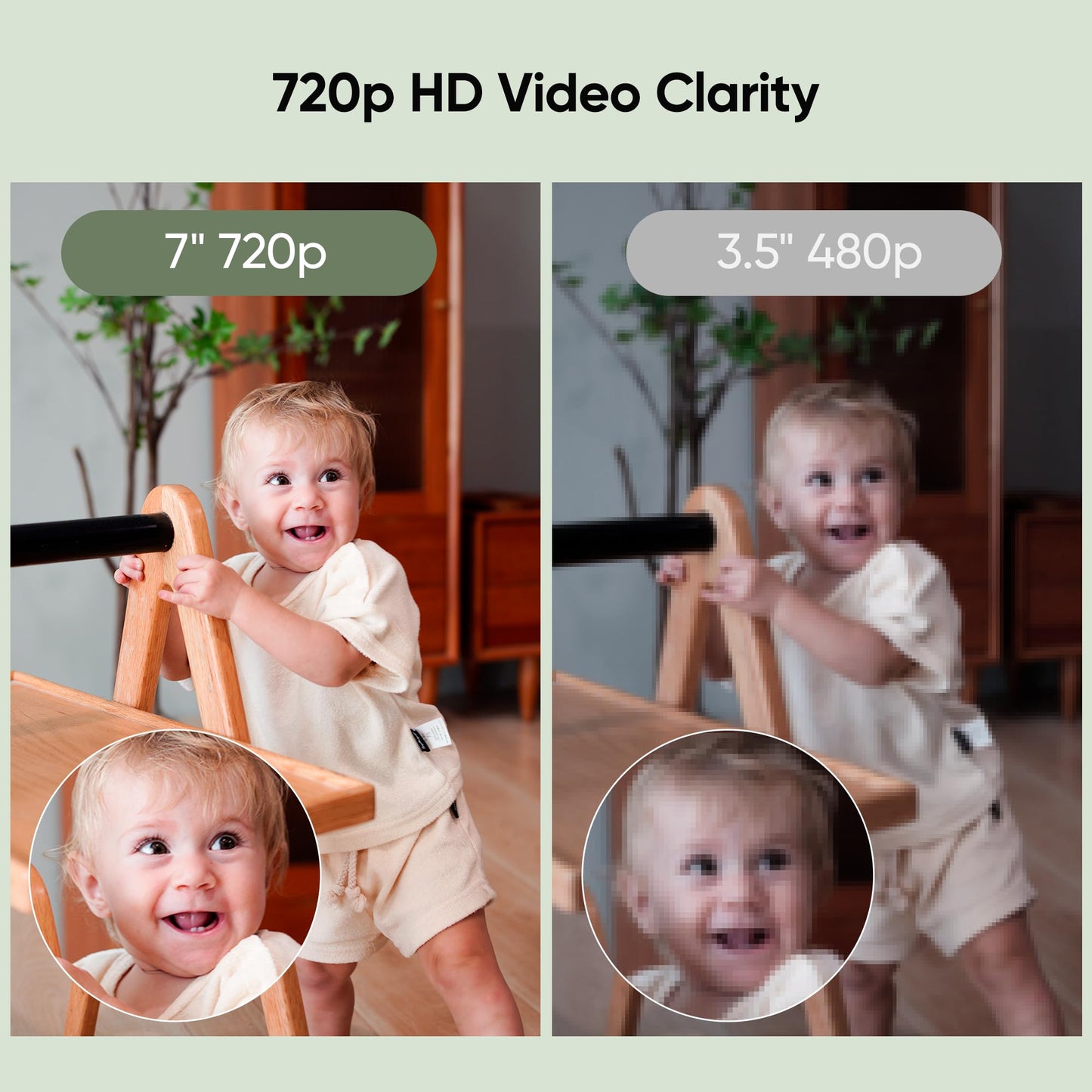 Bonoch 7-inch baby monitor with camera, 720P HD, 6000mAh battery, night vision, two-way audio, remote PTZ, VOX mode, temperature sensor, 8 lullabies.