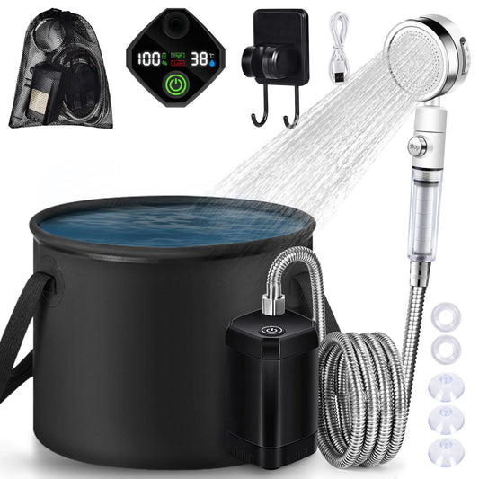 YOOHBERRYS Portable Camping Shower, 6000mAh Outdoor Mobile Shower with Temperature Display, Filterable Shower Head, and 2m Hose for Garden, Car Washing, Beach, Travel.